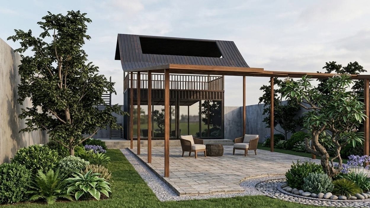 Two-storey timber pavilion with pergola, stone terrace and lush planting