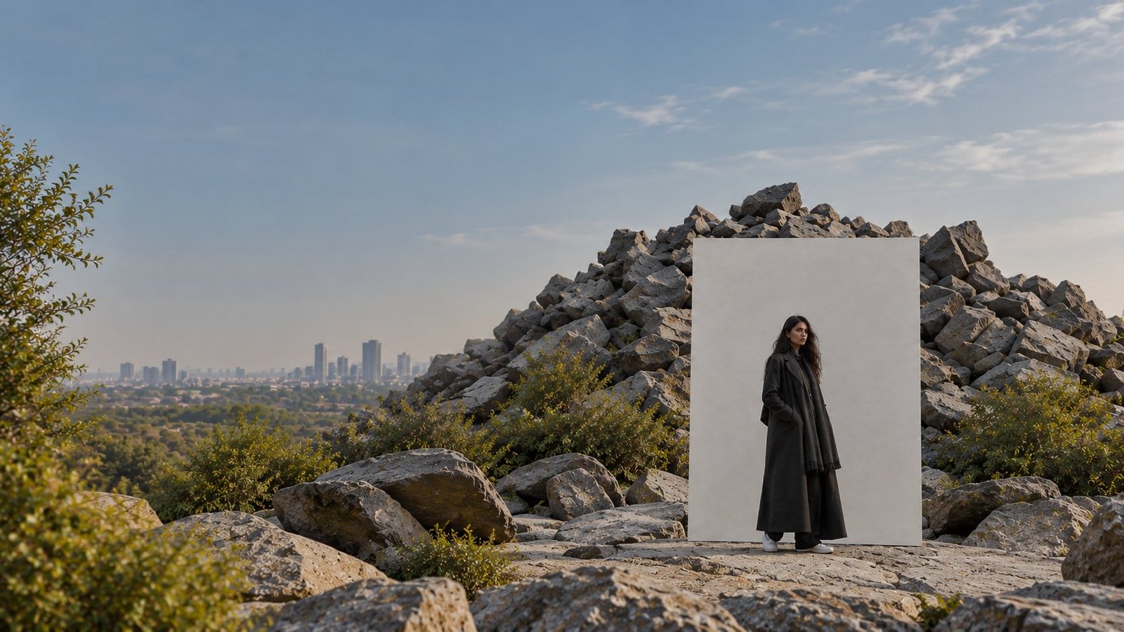 A woman in a long dark coat standing before a white panel among boulders in the Aravallis