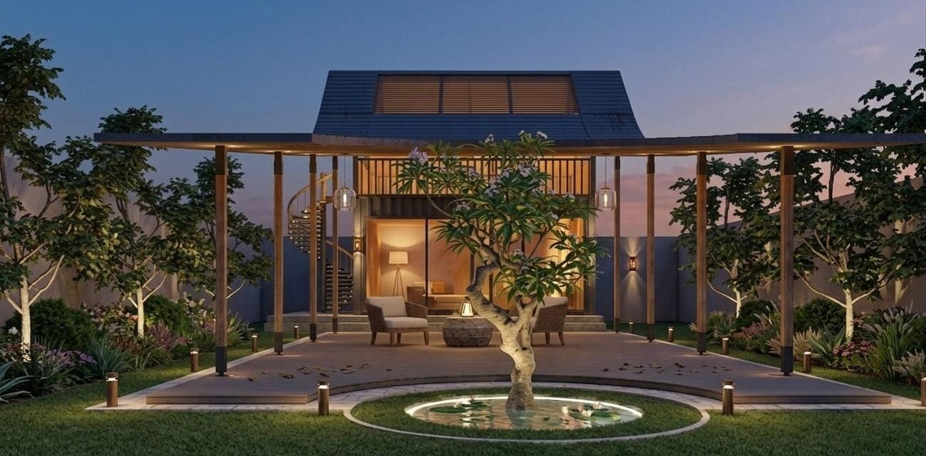 The Shared Axis pavilion at dusk: timber colonnade, lounge chairs and a frangipani tree in a lit circular pond