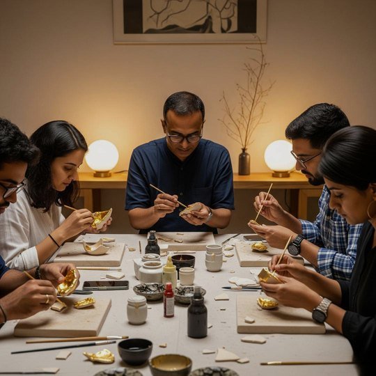 People mending ceramics with gold around a long table