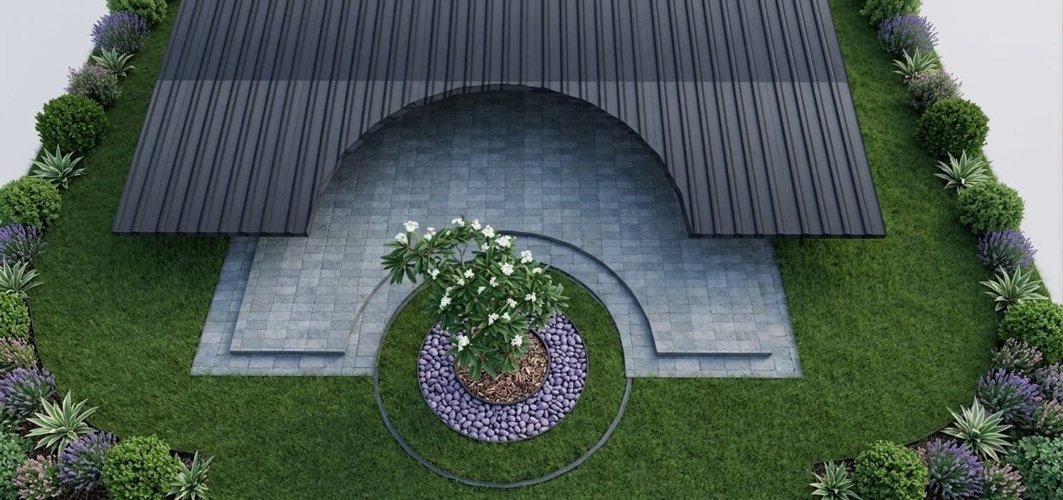 Aerial view of the arched metal roof over a stone courtyard and circular garden