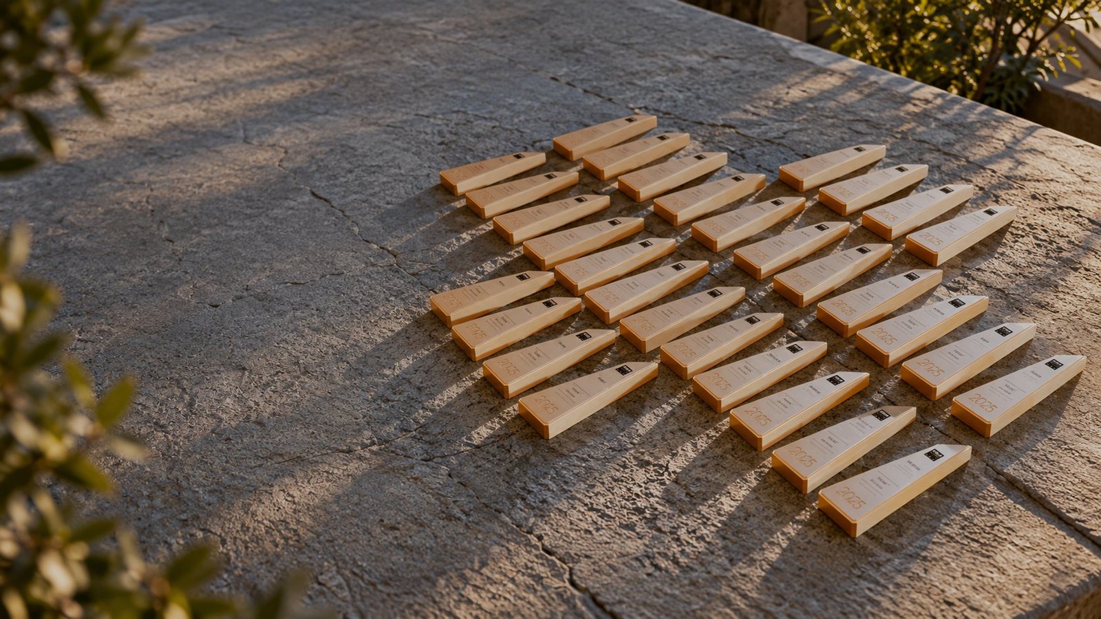 Rows of wooden name plaques laid out on a stone table in evening light